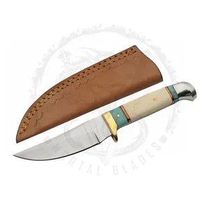 Damascus Steel Fixed Blade Hunting Camping Skinner Knife Handle Camel Bone with Brass Clip Hunting Knife with Sheath
