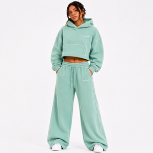 Ensemble de survêtement d'hiver ONEAPEX SPORTS WEAR pour femme, vert menthe, avec strass, sweat à capuche court et pantalon large, streetwear, qualité supérieure, épais - Product Image 1