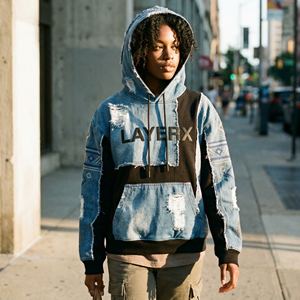 Custom Women Heavyweight Hoodie 500gsm Cotton Fleece Denim <b>Patchwork</b> Distressed Crop <b>Top</b> Vendors Pullover Manufacturer Wholesale - Product Image 5