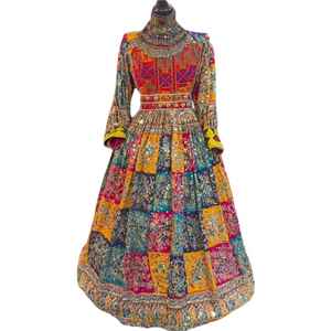 Traditional Afghani Vintage Womens Linen Satin Dress High Slit Ruffles Button <b>Detail</b> Bold Color Unique Embroidery Natural - Product Image 1