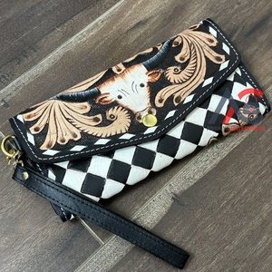 Nueva Cartera de Cuero Repujado para Mujer, Diseño de Cabeza de Toro Longhorn Occidental, Patrón a Cuadros, Bolso de Mano Elegante y Duradero - Product Image 1