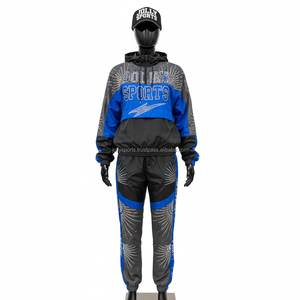 Conjunto de Chaqueta Cortavientos Premium para Mujer, 180 GSM, Poliéster, Paneles en Bloques de Color Azul Grisáceo, Logotipo Personalizado, Diseño con Pedrería, Chaqueta Cortavientos de Talla Grande - Product Image 1