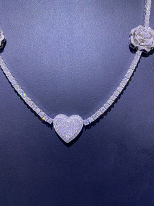 Authentic Moissanite Diamond Tennis Chain Heart and <b>Roses</b> Design Sterling <b>Silver</b> Women's Rhodium Plated Engagement <b>Necklace</b> - Product Image 2