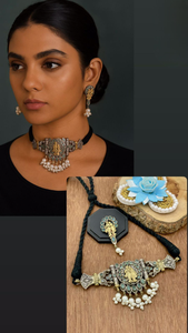 ชุดสร้อยคอทองเหลืองคุณภาพพรีเมียม Vjoshijewels สำหรับผู้หญิง เทศกาลนาวราตรี สร้อยคอปรับได้พร้อมต่างหู - Product Image 2