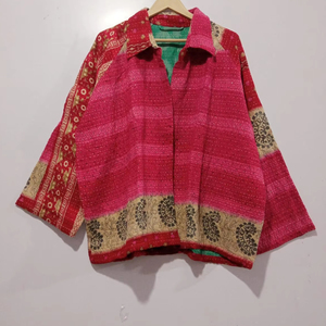 Unisex Vintage Style Long Sleeve Coat Handmade Kantha <b>Quilted</b> Cotton Jacket Turn Collar Raw Edge Design Floral Autumn Winter - Product Image 1