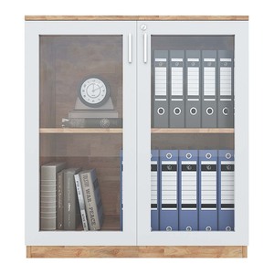 Armoire de bureau contemporaine à deux niveaux verrouillable avec portes en verre, en bois d'hévéa, 80x40x87cm, pour bureau ou atelier - THS68024 - Product Image 2