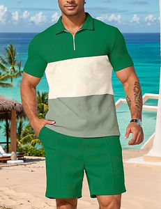 Chándal de verano para hombre, conjuntos de pantalones cortos de 2 piezas, chándal de manga corta, trajes 1/4 Zip Golf Polo empalme camisas a rayas - Product Image 3