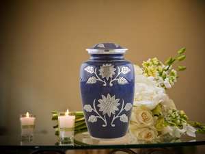 Full Size Blue Sunflower Cremation Urn Large Funeral and Memorial Urns for Human Ashes 200 Lbs W/ <b>Velvet</b> <b>Bag</b> - Product Image 5