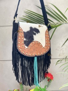Women's Western-Style Leather Sling Bag Turquoise Carving Cowhide Fur Lightweight Multi-Use <b>Fringe</b> Border Bohemian Handbag - Product Image 2