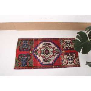 1.6x3.2 ft Vintage Small Turkish Moroccan <b>Wool</b> Rug <b>Red</b> Blue Patchwork Design Eco-Friendly Latex Backing - Product Image 3