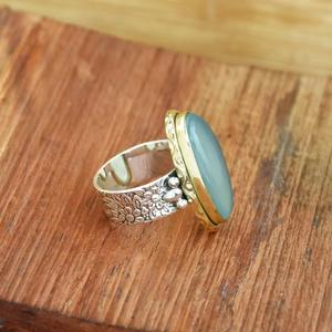 Bague Aqua Calcédoine Argent Sterling 925 Longue Pierre Ovale Deux Tons Floral Gravé Bande Anniversaire Cadeau Bague pour Femme - Product Image 4
