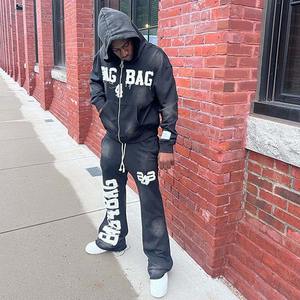 Ensemble de survêtement unisexe de haute qualité pour femmes et hommes, avec logo brodé, pantalon de survêtement évasé empilé et sweat à capuche en molleton de coton motif araignée - Product Image 2