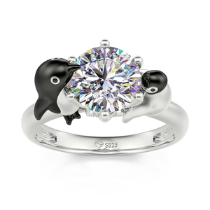 Jeulia Hug Me Play with My Baby Penguin Round Cut Sterling <b>Silver</b> Fine <b>Ring</b> - Product Image 3