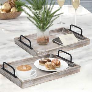 Plateaux de service alimentaires en bois rustique Lot de 2-Plate-forme d'affichage en bois imbriquée avec poignées en métal, décor de ferme vintage servant P - Product Image 2