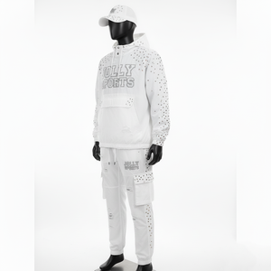 Conjunto de Chaqueta Cortavientos Blanca de Poliéster Premium de Talla Grande, Tejido Desgastado con Diseño de Panel de Pedrería y Bordado - Product Image 2