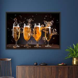 Décoration murale moderne pour pub : toile imprimée avec des verres à champagne et à bière, toile encadrée noire - Product Image 1