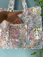 Sac fourre-tout en coton fait main, grand format, patchwork, imprimé à blocs, avec poche zippée, rose, style bohème, pour usage quotidien, printemps, automne, hiver, été