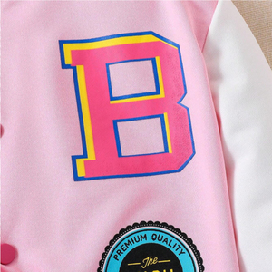 <b>Pink</b> White Varsity <b>Jacket</b> Women's Baseball Style Letter B Patch Design Full Sleeve Embroidered Stars Cotton Polyester Mix - Product Image 4