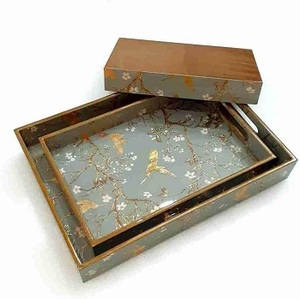 Set of 2 Handmade MDF Wood Serving Trays Enamel Coated White Gold <b>Birds</b> Design Decorative Resin Plate Kitchen Dining Home Use - Product Image 5