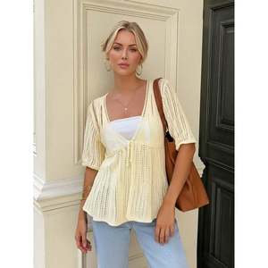Women's Casual Open-Knit <b>Short</b> <b>Sleeve</b> <b>Cardigan</b> with Embroidered Print - Product Image 5