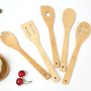 Accessoires de cuisine maison outils de cuisson ustensiles spatules à frire réutilisables ensemble de spatules en bois de bambou marque privée