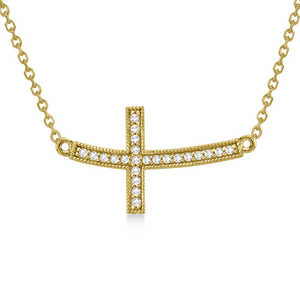 14K Yellow Gold 0.25ct Curved Diamond <b>Sideways</b> <b>Cross</b> Pendant <b>Necklace</b> - Product Image 2