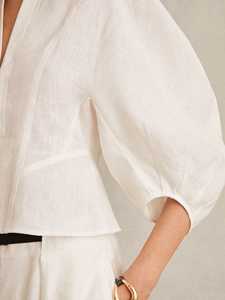 Blusa elegante de mezcla de lino para mujer 3/4 Puff Sleeve V Split Neck Top para oficina y ropa informal - Product Image 2