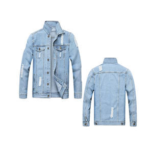 แจ็คเก็ตยีนส์บอมเบอร์ลำลองคอตั้งสำหรับผู้ชาย สีน้ำเงิน โลโก้ด้านหน้า ขายส่ง - Product Image 1