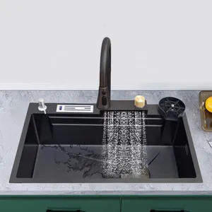 Hot Sale Stainless Steel Single Bowl Kitchen Sink Waterfall Taps Pull Down Sink Mixer Kitchen Faucet Full Set