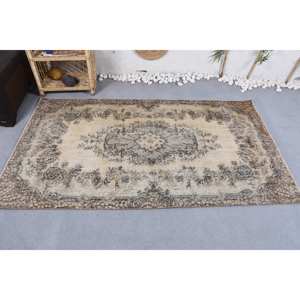 Alfombra de retales de lana Beige Vintage hecha a mano, área grande, patrón de pasillo Rectangular de 3,7x6,6 pies para entrada, piso de casa, látex - Product Image 3