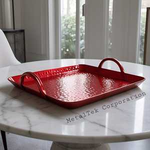 Bandeja de servicio roja de Metal martillado, utensilios de cocina, utensilios de Bar, hogar, Hotel, restaurante, bandejas decorativas para frutas y Chocolate con asas - Product Image 3