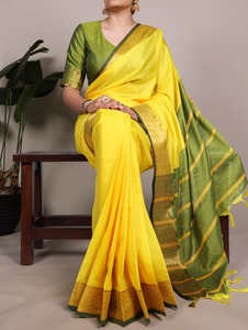 Vêtements de mariage indiens en coton poly, collection de saris avec travail de tissage zari, prix bas et meilleure qualité, saris pour les fêtes - Product Image 2