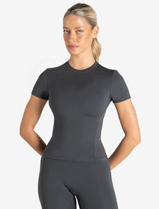 Camiseta de gimnasio gris tormenta de alta calidad para mujer, camiseta elástica de longitud completa de manga corta con cuello redondo de poliéster, nueva camiseta informal de entrenamiento de Yoga - Product Image 5