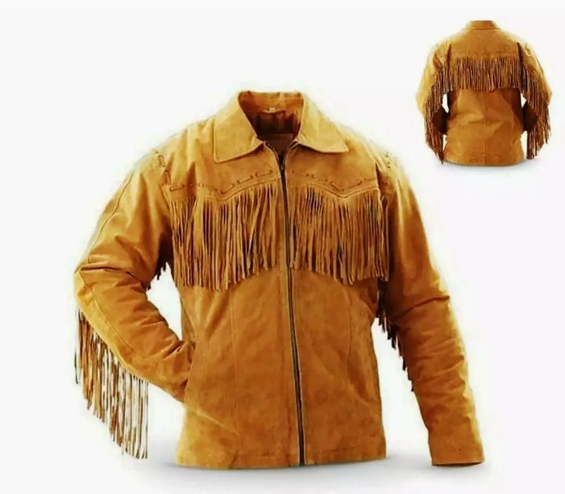 Men's Traditional Western cowboy Buckskin Leather Jacket coat With Fringes Bone and Beads