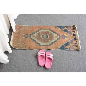 Kilim 1,3 X 2.7ft Naranja Azul Tejido plano Alfombra turca Jacquard Técnica Felpa Pila Altura Viscosa Lana Patchwork para pasillo - Product Image 5