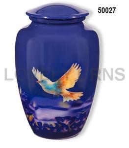 Urne funéraire en laiton bleu foncé avec motif d'oiseau pour cendres humaines - Product Image 1