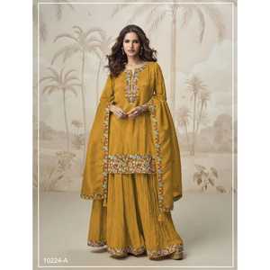 Ensemble Kurti, Palazzo et Dupatta en Soie Simar Romaine Moderne à Séchage Rapide pour Femmes - Tenue de Soirée - RADHE EXPORTS - Product Image 1