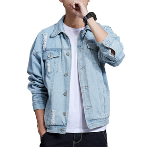 Design Autumn Mens Korean Version Denim Jean Jacket Trendy Fashion Ripped Cotton Twill Denim Wash Blue Jacket of Denim Jacket - Product Image 1
