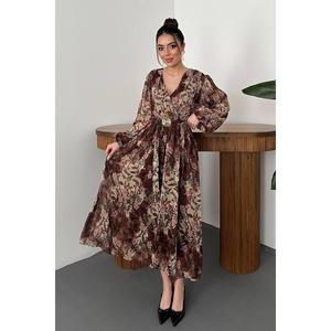 Vestido Marrón Brillante con Cinturón - Marrón - Product Image 1