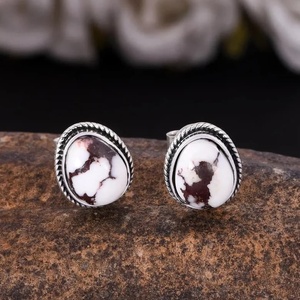 Pendientes de Botón de Plata de Ley 925 con Baño de Oro, Hechos a Mano, con Piedra de Jaspe Caballo Salvaje de 8x9 mm, Estilo Boho Oxidado, Regalo para Mujer - Product Image 5
