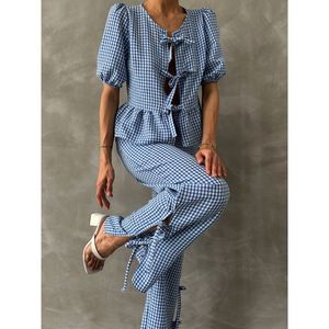 Conjuntos de Pantalones a Cuadros Azules para Mujer Topshow al por Mayor - Product Image 3