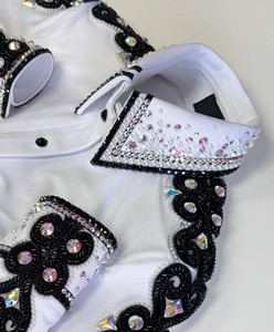 Handmade Cowgirl Western Show Shirt in White Printed on Stretch Taffeta <b>Fabric</b> for Equestrian Wear - Product Image 1