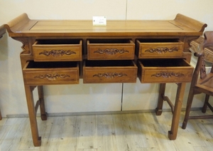 Mesa Consola Delicada de Madera de Teca Tradicional China con Cabezal Curvo y 6 Cajones, Diseño Antiguo para Entrada, Pasillo y Sala de Estar - Product Image 5
