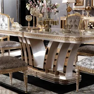 Victorian New Classic Style Customized Marble Top Stainless Steel Dining Room Set Dining Table