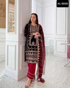 Dernière mode indienne Salwar Kameez robe longue robe prête à l'emploi robe de mariée pakistanaise robe en georgette rouge avec filet Dupatta - Product Image 5