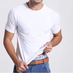 Camiseta de manga curta modale de fibra de bambu para homens, top de manga redonda e cor sólida para o verão com logotipo personalizado