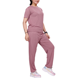 Women's <b>Pink</b> Casual <b>Tracksuit</b> <b>Set</b> Short Sleeve Crew Neck Loose Full Length Pants Breathable Lightweight Solid Color Spring Wear - Product Image 3