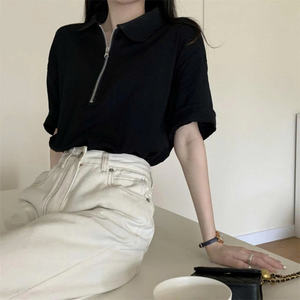 Polo de mujer holgado, Polo de mujer negro con panal de algodón suave y cremallera 2025 - Product Image 2