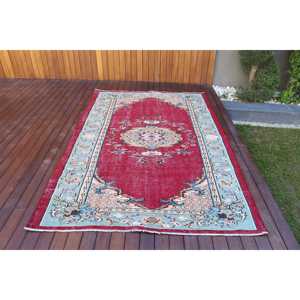 พรมตุรกีโบราณขนาดใหญ่ 5.3x8.1 ฟุต ลายตารางสีแดง ทำจากขนสัตว์ - Product Image 1