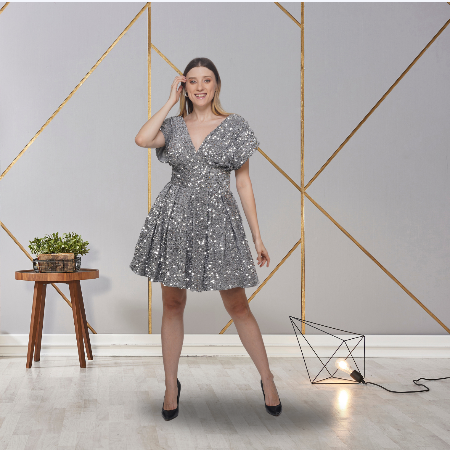 Silver Cocktail Dress with Sleeves Elegant Party Wear